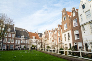 オランダアムステルダムの街並み　芝生の広場と細長いレンガ造りの家並み